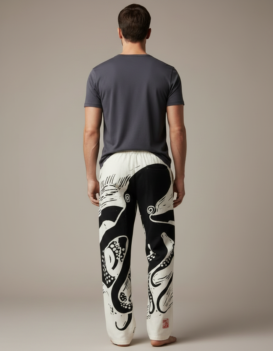 Pantalon Chinois Blanc Noir Ample Octopus Cordon - Imprimé Coton - vue 2