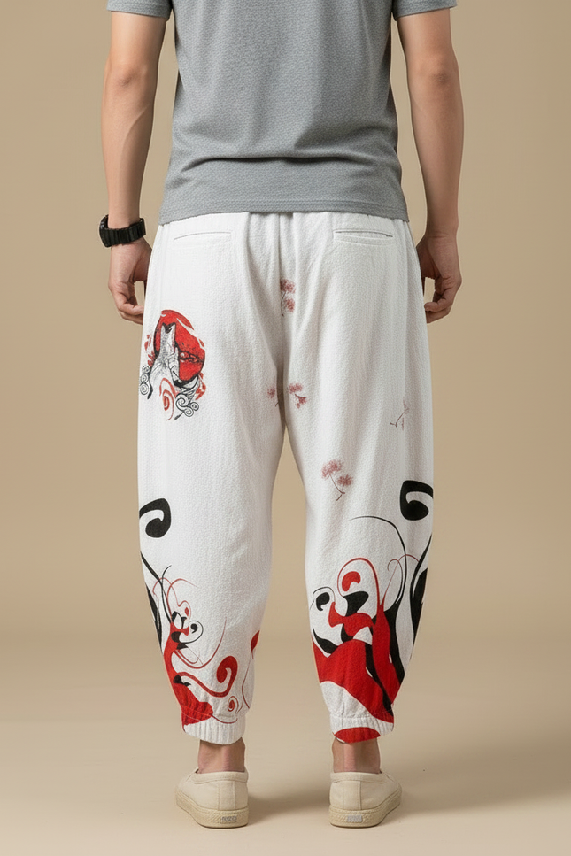 Pantalon Chinois Blanc Ample Imprimé Loup Fleuri Homme - Lin - vue 2