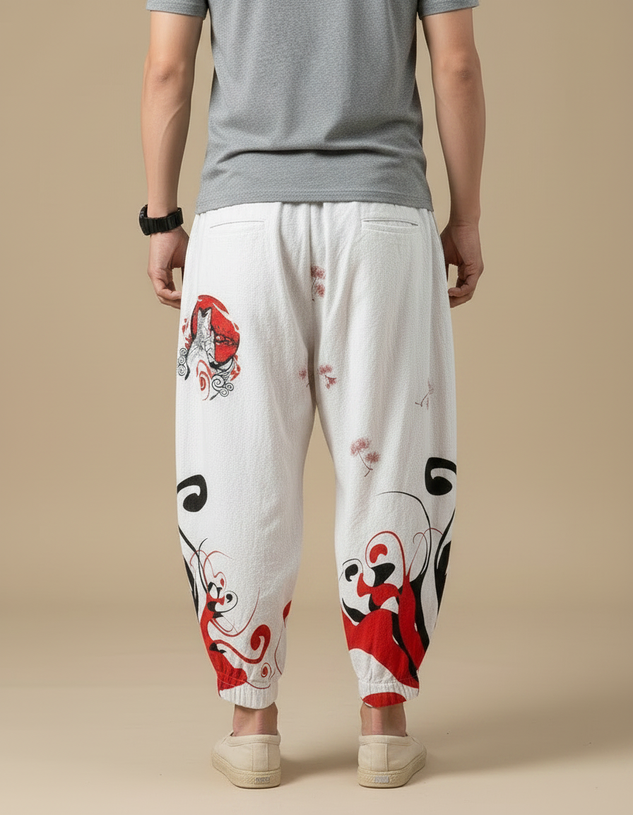 Pantalon Chinois Blanc Ample Imprimé Loup Fleuri Homme - Lin - vue 2