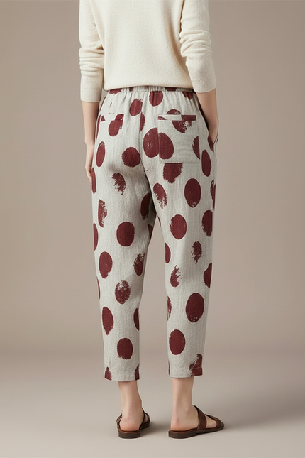 Pantalon Chinois Écru Lin Ample Imprimé Pois Rouge - vue 2