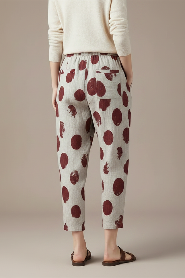 Pantalon Chinois Écru Lin Ample Imprimé Pois Rouge - vue 2