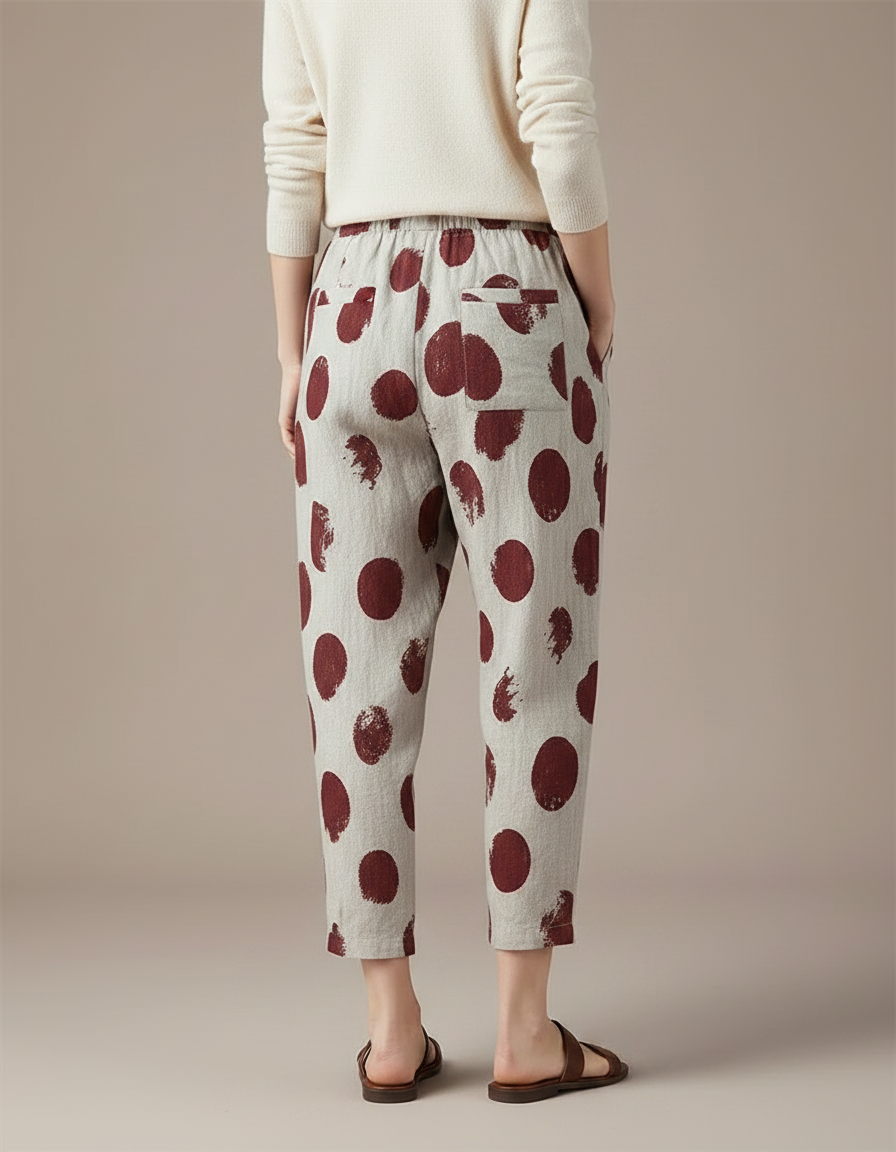 Pantalon Chinois Écru Lin Ample Imprimé Pois Rouge - vue 2