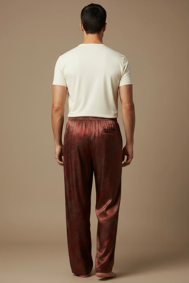 Pantalon Chinois Marron Satin Dragon Ample Homme - vue 2