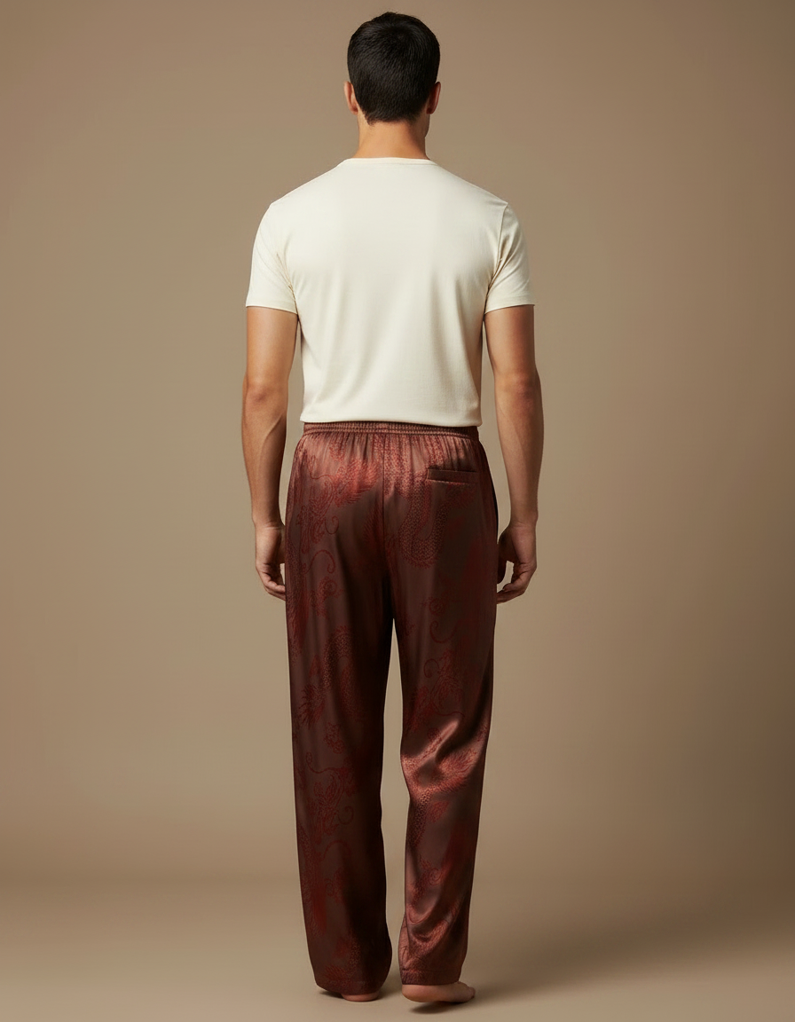 Pantalon Chinois Marron Satin Dragon Ample Homme - vue 2