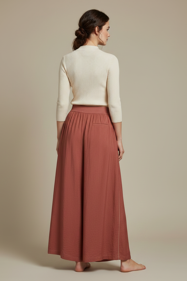 Pantalon Chinois Terracotta Ample Fluide Élégant - Marron Lin - vue 2