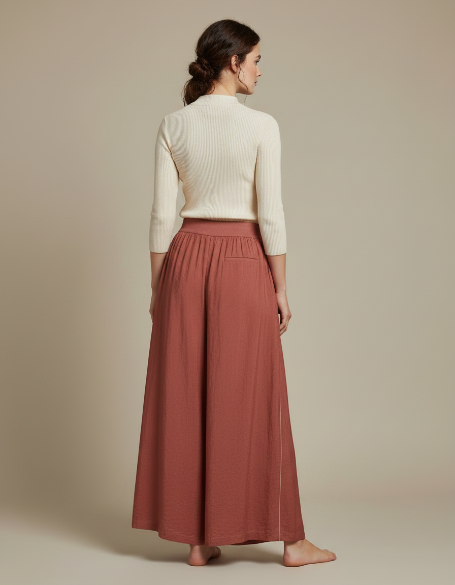 Pantalon Chinois Terracotta Ample Fluide Élégant - Marron Lin - vue 2