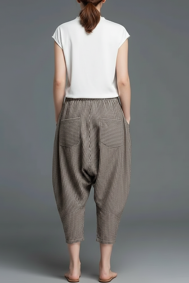 Pantalon Chinois Rayé Coton Lin Ample Élastique - Marron - vue 2