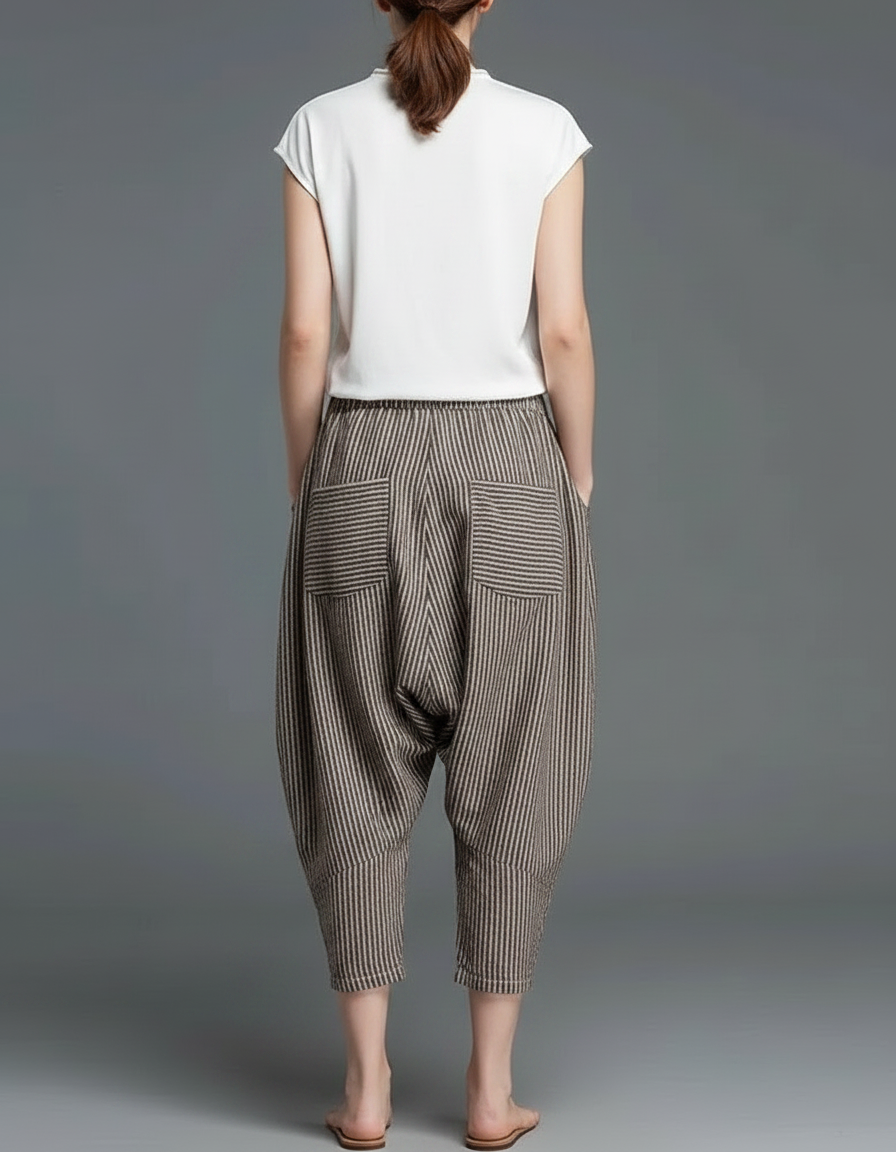 Pantalon Chinois Rayé Coton Lin Ample Élastique - Marron - vue 2