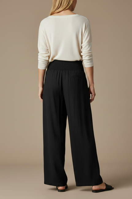 Pantalon Chinois Noir Ample Fluide Smocké Décontracté - Lin - vue 2