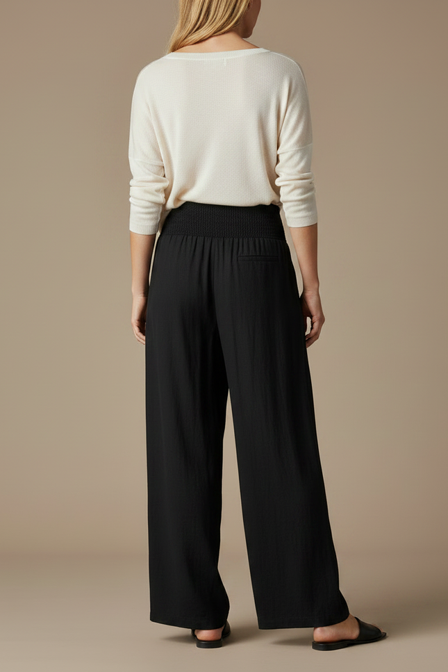 Pantalon Chinois Noir Ample Fluide Smocké Décontracté - Lin - vue 2