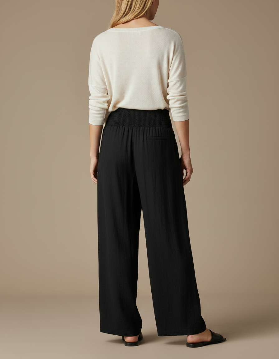 Pantalon Chinois Noir Ample Fluide Smocké Décontracté - Lin - vue 2