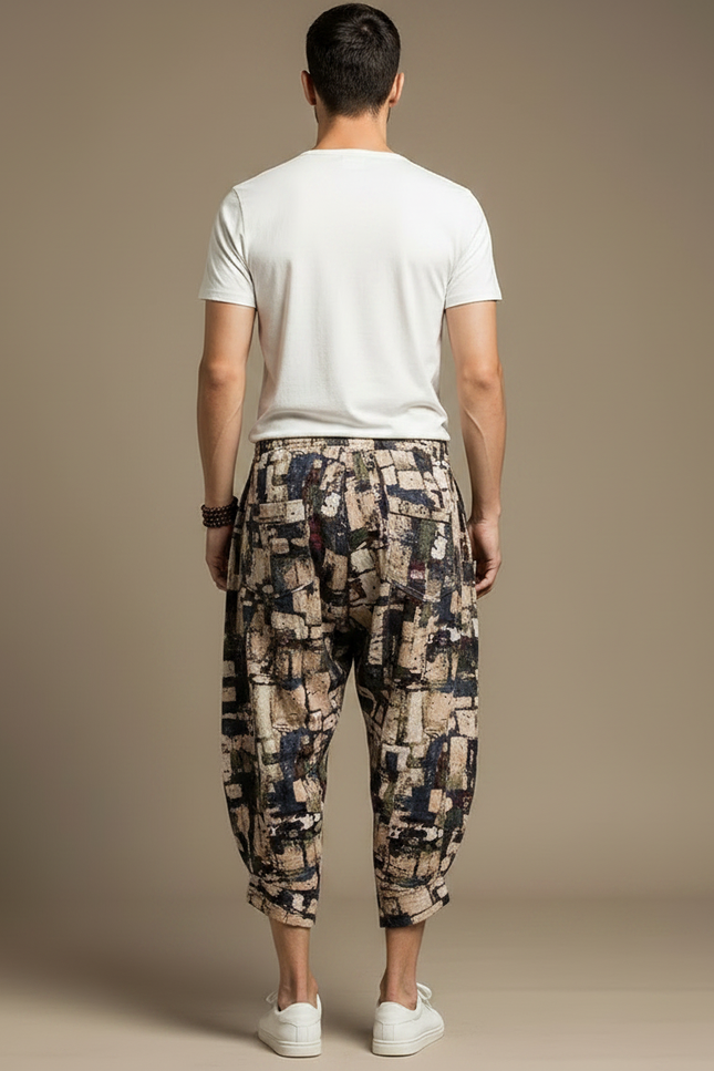 Pantalon Chinois Harem Imprimé Géométrique Ample Coton Lin - vue 2