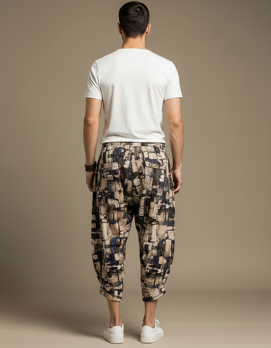 Pantalon Chinois Harem Imprimé Géométrique Ample Coton Lin - vue 2
