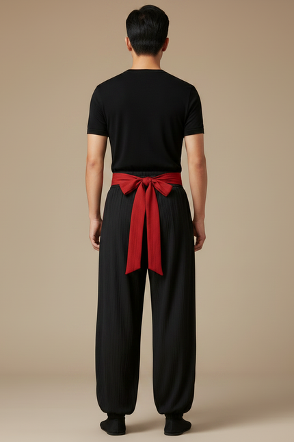 Pantalon Chinois Noir Ample Brodé Dragon Rouge - Coton - vue 2
