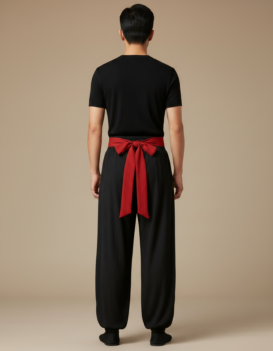 Pantalon Chinois Noir Ample Brodé Dragon Rouge - Coton - vue 2