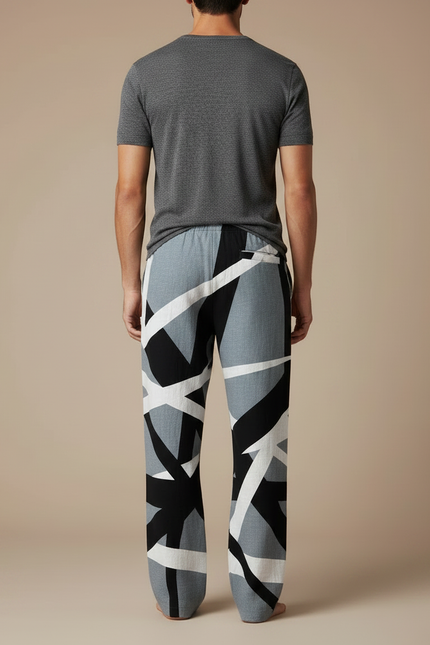 Pantalon Chinois Géométrique Noir Blanc Ample Cordon Homme - Multicolore Lin - vue 2