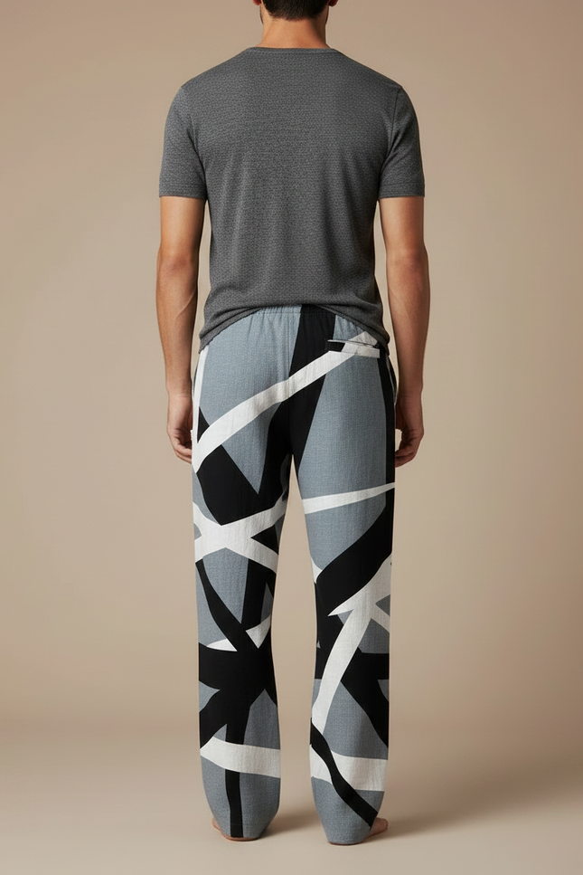 Pantalon Chinois Géométrique Noir Blanc Ample Cordon Homme - Multicolore Lin - vue 2