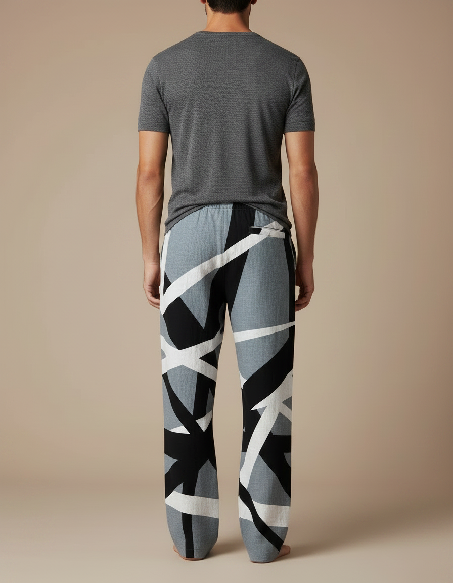 Pantalon Chinois Géométrique Noir Blanc Ample Cordon Homme - Multicolore Lin - vue 2