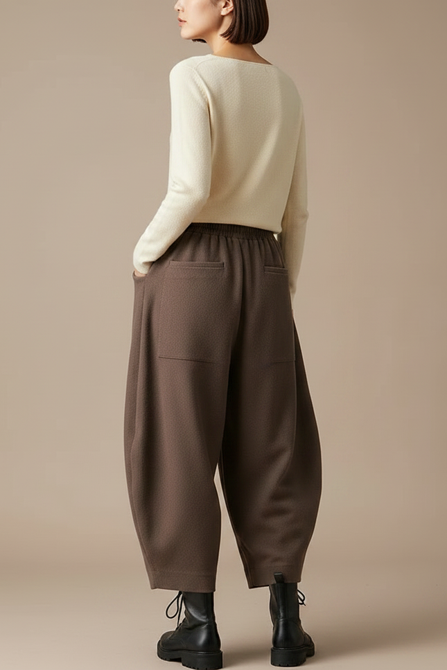 Pantalon Chinois Marron Ample Coton Taille Haute Décontracté - Molleton - vue 2