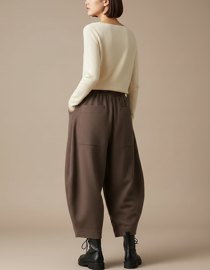 Pantalon Chinois Marron Ample Coton Taille Haute Décontracté - Molleton - vue 2