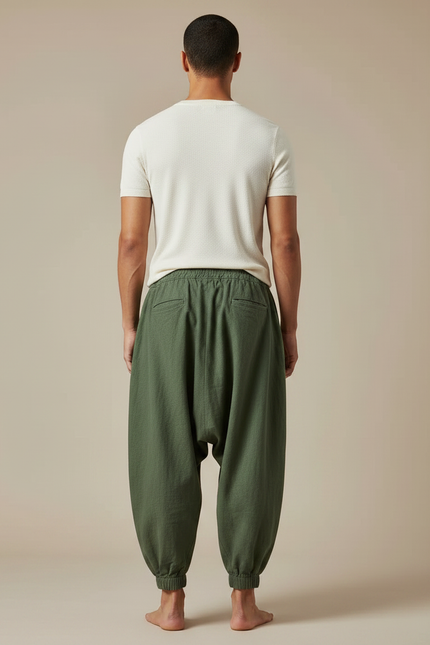 Pantalon Chinois Harem Vert Ample Coton Décontracté - Kaki - vue 2