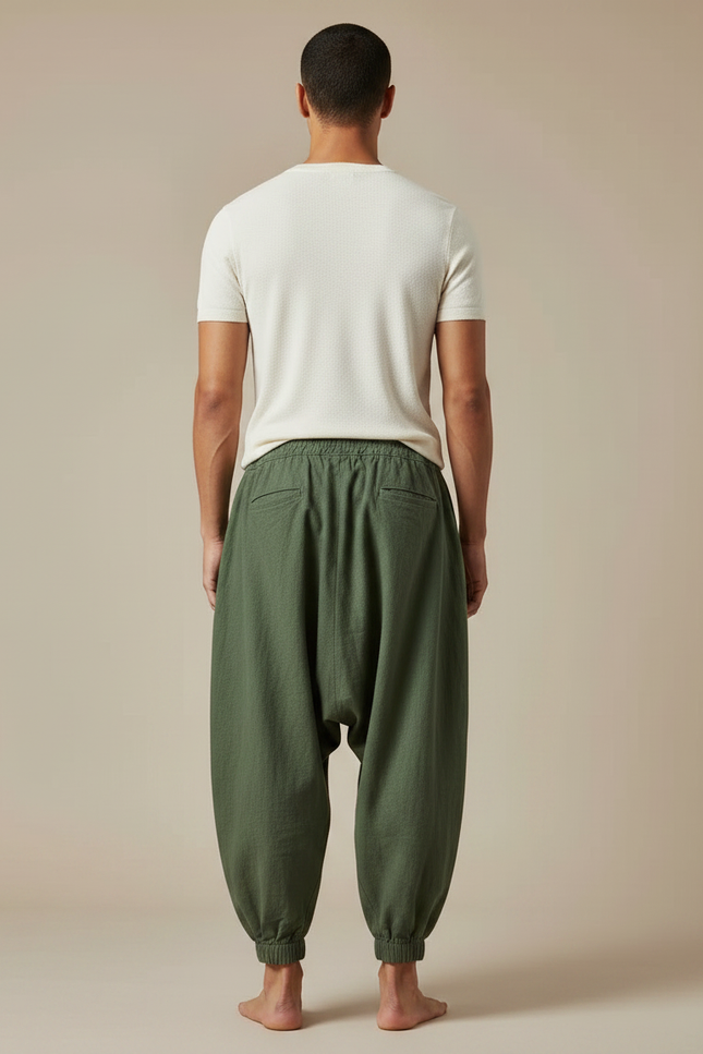 Pantalon Chinois Harem Vert Ample Coton Décontracté - Kaki - vue 2