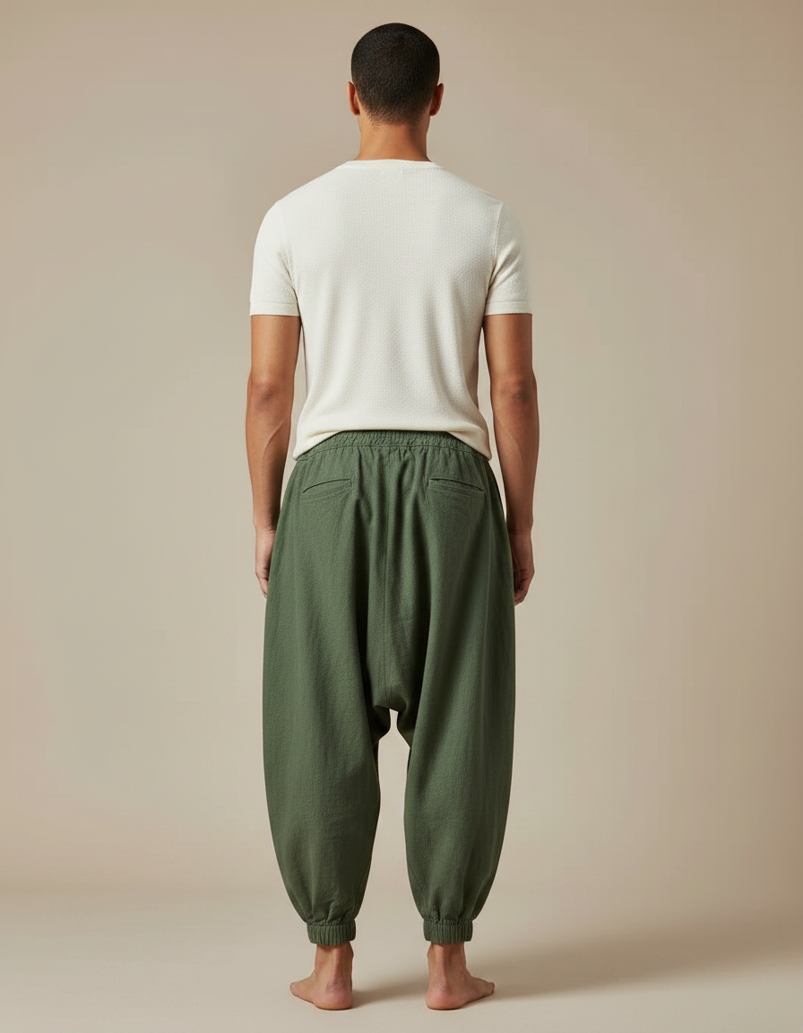 Pantalon Chinois Harem Vert Ample Coton Décontracté - Kaki - vue 2