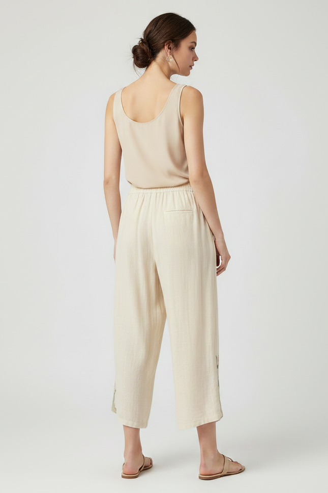 Pantalon Chinois Écru Brodé Floral Ample Femme - Beige Lin - vue 2
