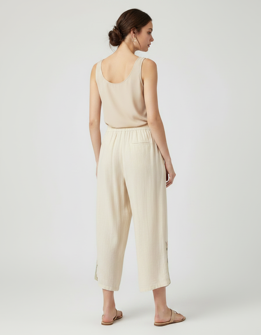 Pantalon Chinois Écru Brodé Floral Ample Femme - Beige Lin - vue 2