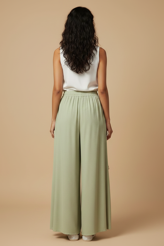 Pantalon Chinois Vert Sauge Ample Fluide Brodé Perlé - Viscose - vue 2