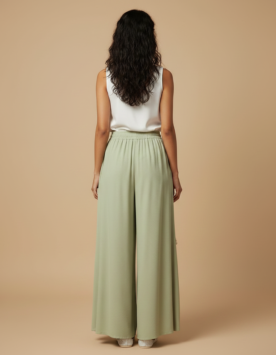 Pantalon Chinois Vert Sauge Ample Fluide Brodé Perlé - Viscose - vue 2