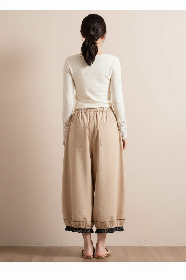 Pantalon Chinois Beige Ample Coton Brodé Décontracté - vue 2