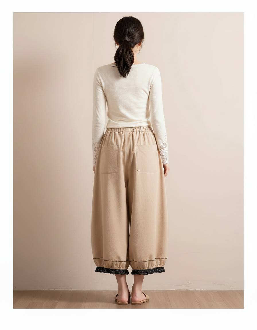 Pantalon Chinois Beige Ample Coton Brodé Décontracté - vue 2