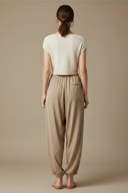 Pantalon Chinois Satin Beige Ample Fluide Décontracté - vue 2