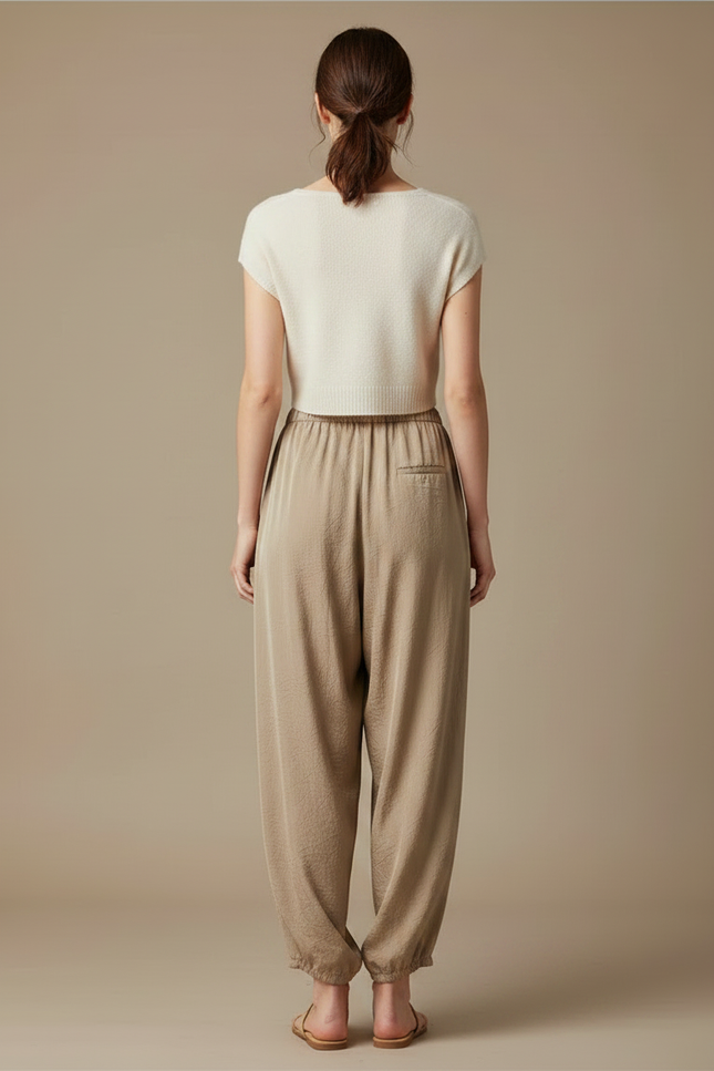 Pantalon Chinois Satin Beige Ample Fluide Décontracté - vue 2