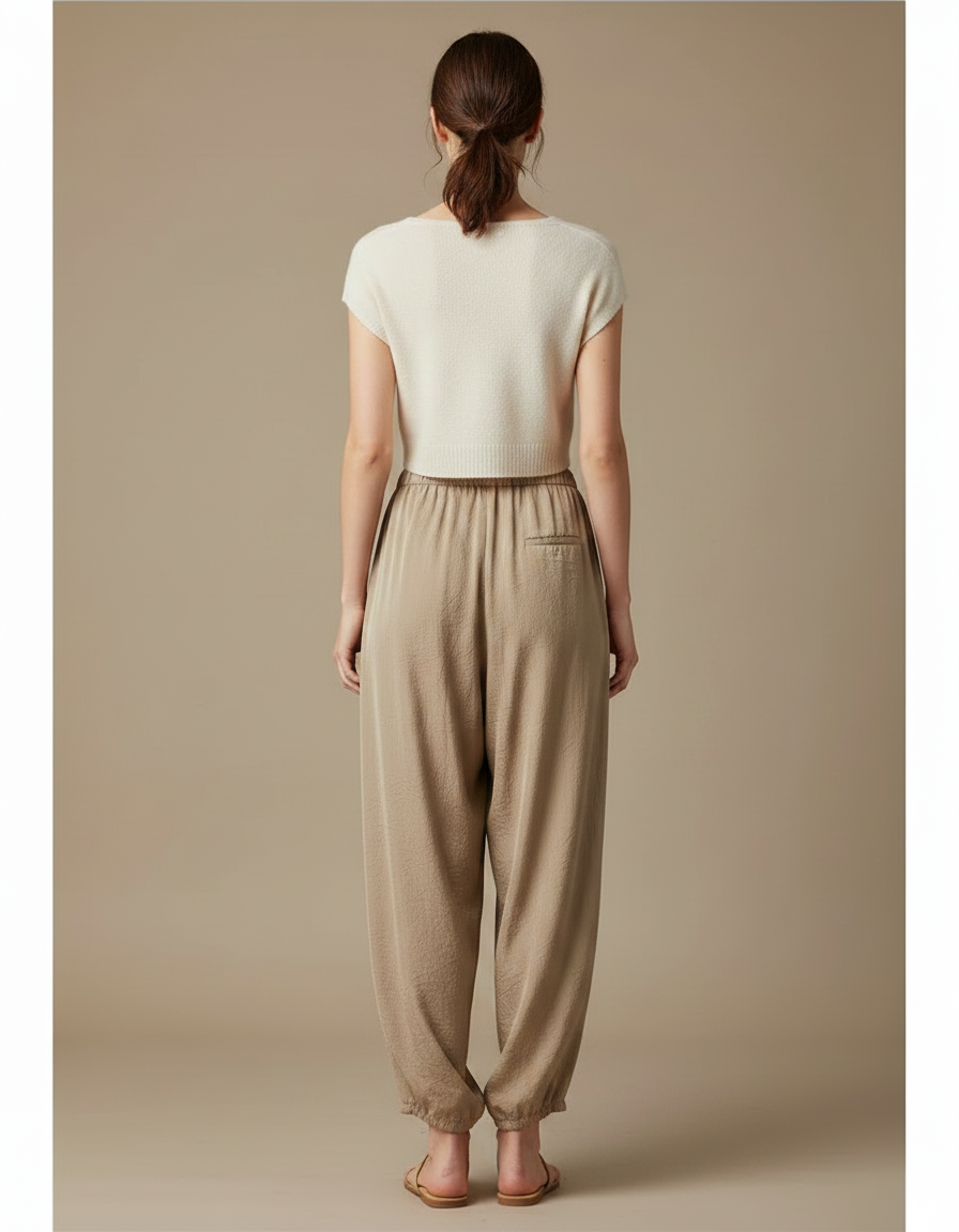 Pantalon Chinois Satin Beige Ample Fluide Décontracté - vue 2