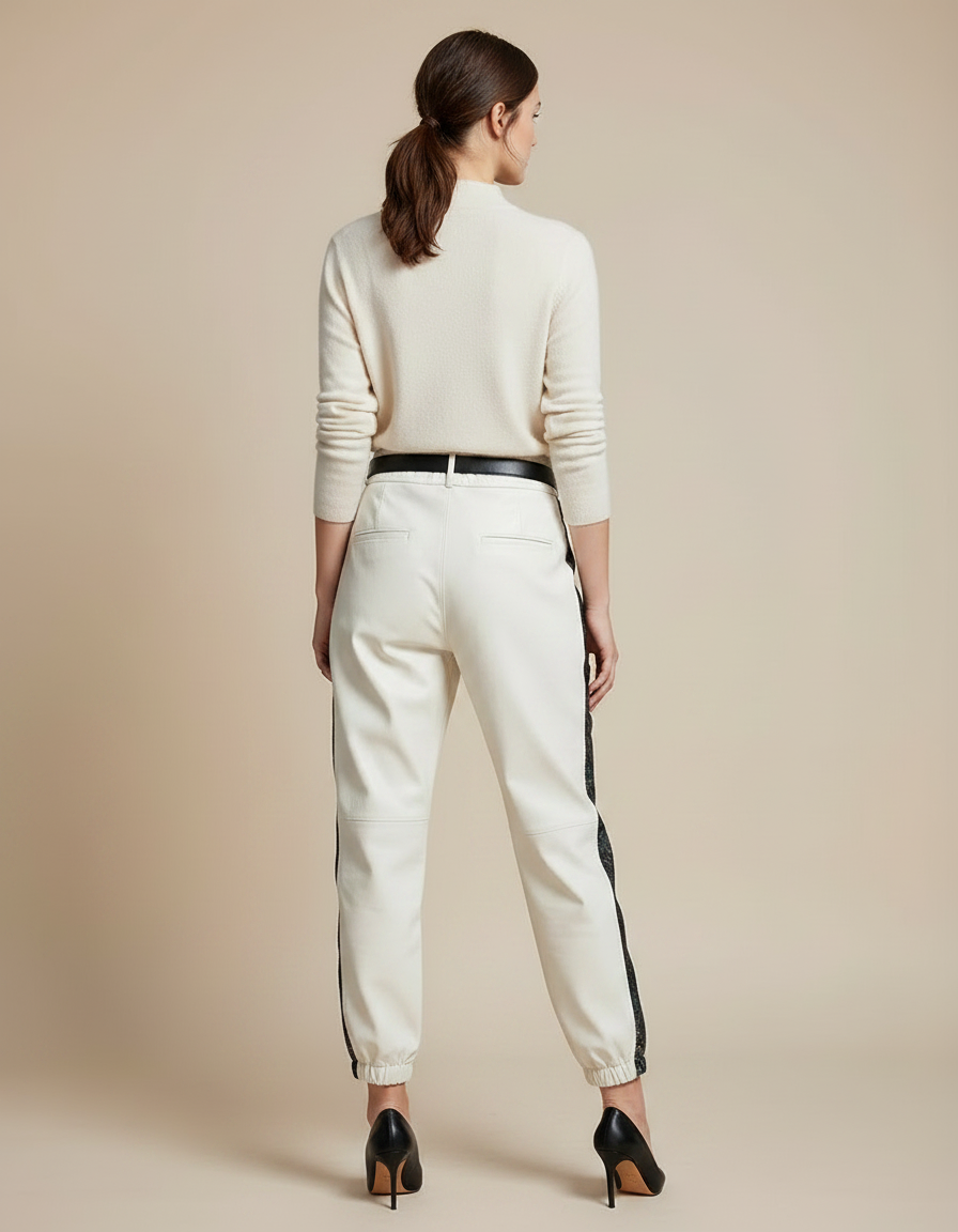 Pantalon Chinois Cuir Écru Imprimé Ample Femme - Beige - vue 2