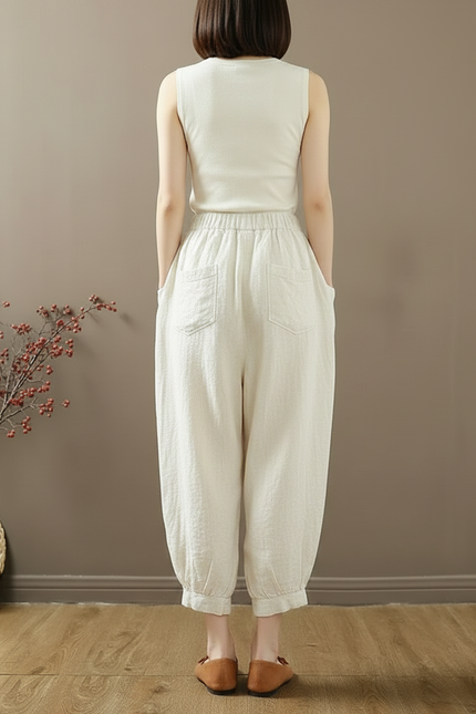 Pantalon Chinois Harem Lin Coton Écru Décontracté - Beige - vue 2