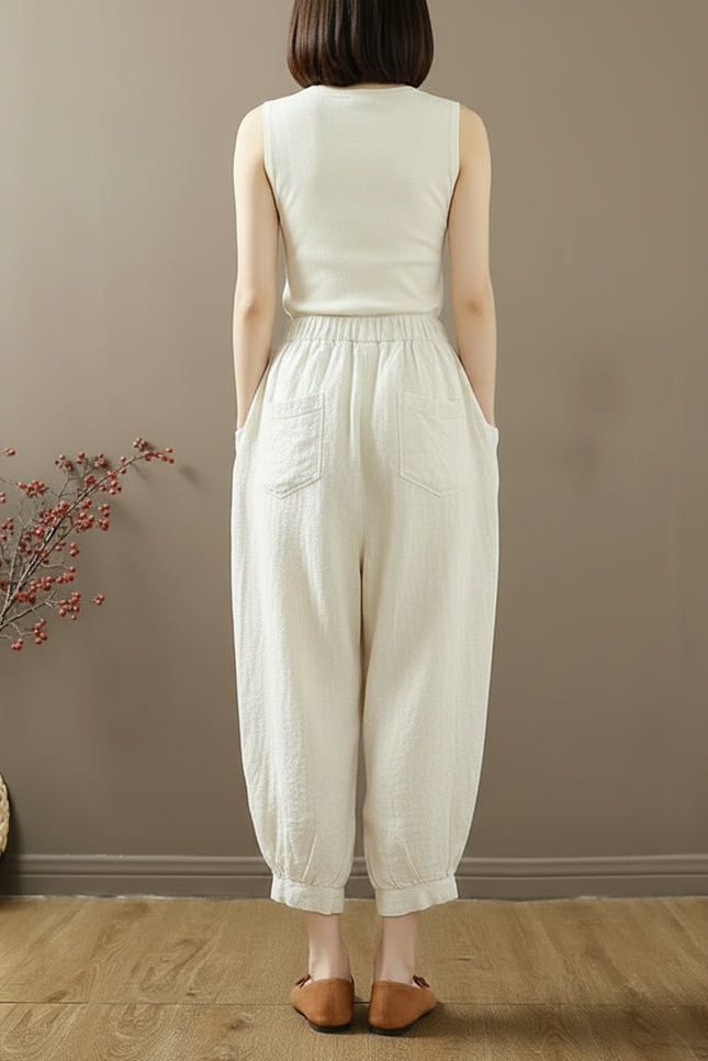 Pantalon Chinois Harem Lin Coton Écru Décontracté - Beige - vue 2
