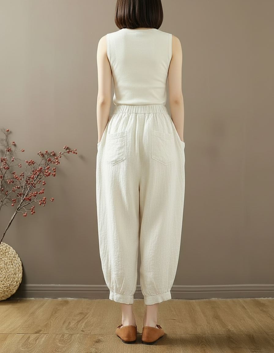 Pantalon Chinois Harem Lin Coton Écru Décontracté - Beige - vue 2