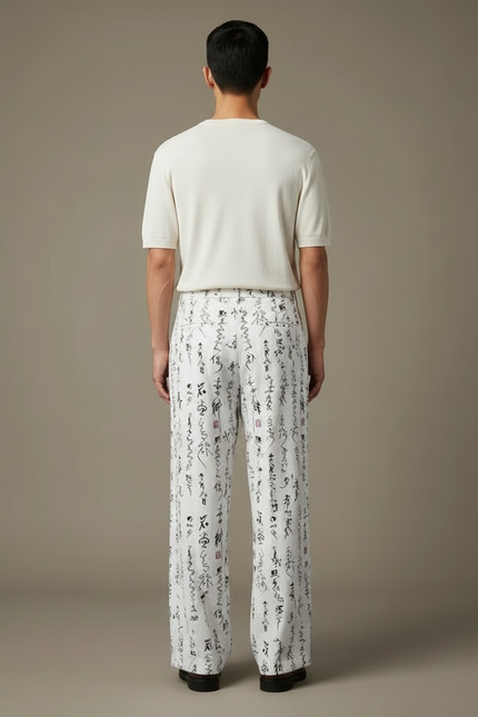 Pantalon Chinois Blanc Calligraphie Fluide Décontracté Homme - Lin - vue 2