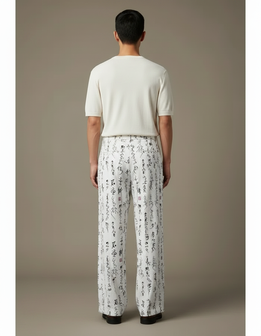 Pantalon Chinois Blanc Calligraphie Fluide Décontracté Homme - Lin - vue 2