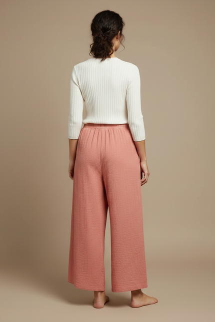 Pantalon Chinois Rose Plissé Ample Coton Lin - vue 2