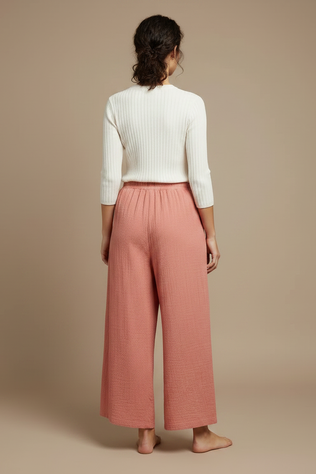 Pantalon Chinois Rose Plissé Ample Coton Lin - vue 2