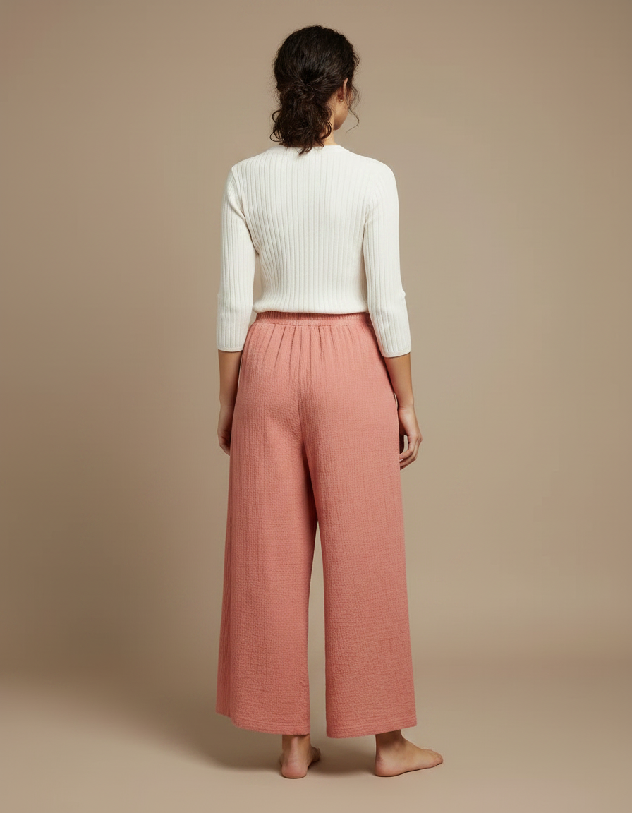 Pantalon Chinois Rose Plissé Ample Coton Lin - vue 2