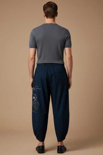 Pantalon Chinois Harem Bleu Marine Grue Soleil Vagues - Coton - vue 2