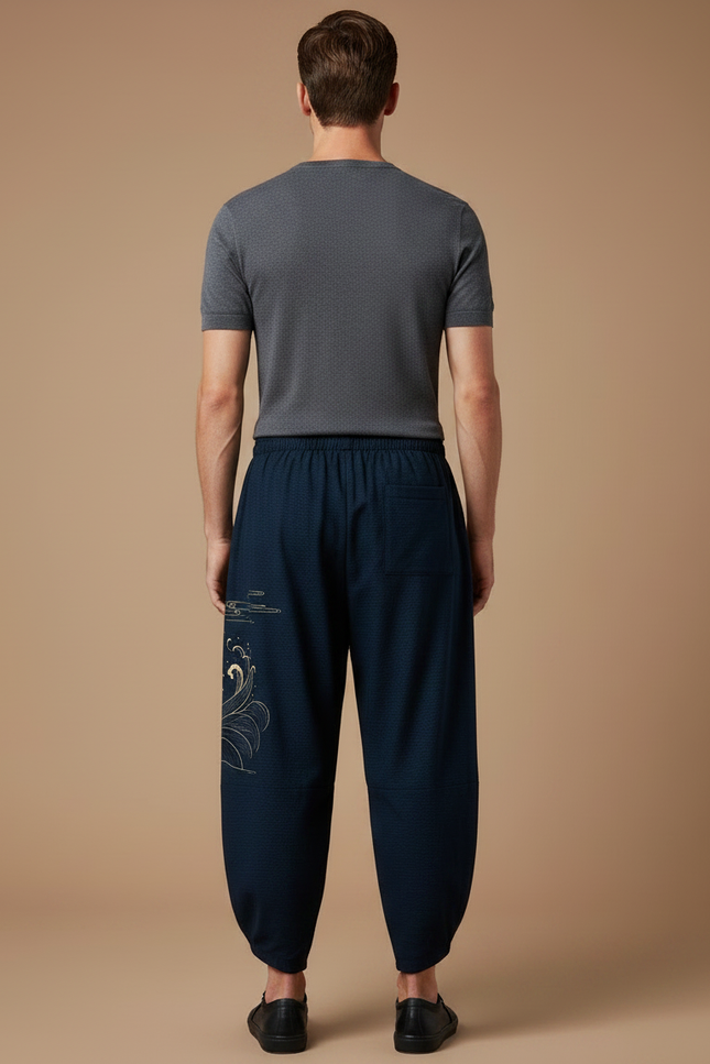 Pantalon Chinois Harem Bleu Marine Grue Soleil Vagues - Coton - vue 2