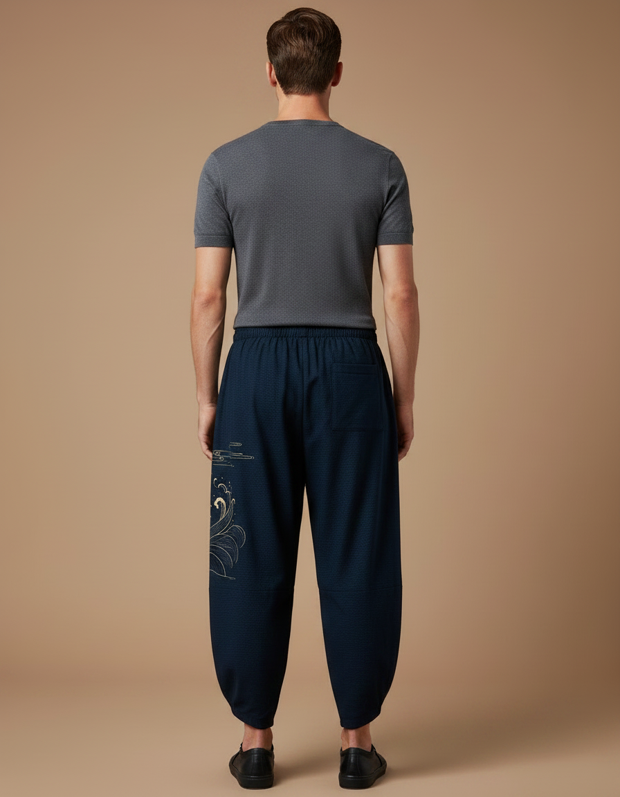 Pantalon Chinois Harem Bleu Marine Grue Soleil Vagues - Coton - vue 2