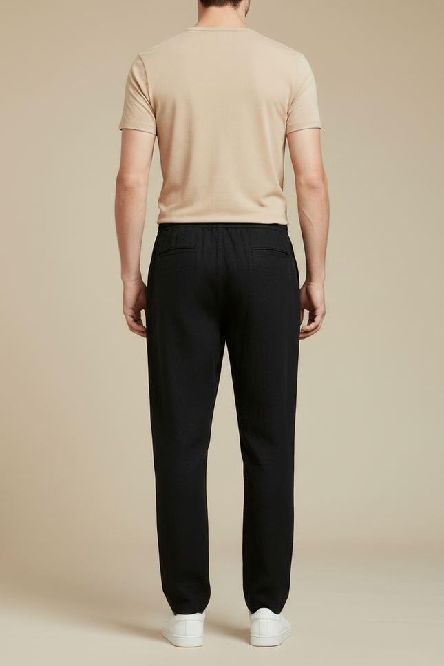 Pantalon Chinois Noir Coton Lin Ample Décontracté - vue 2