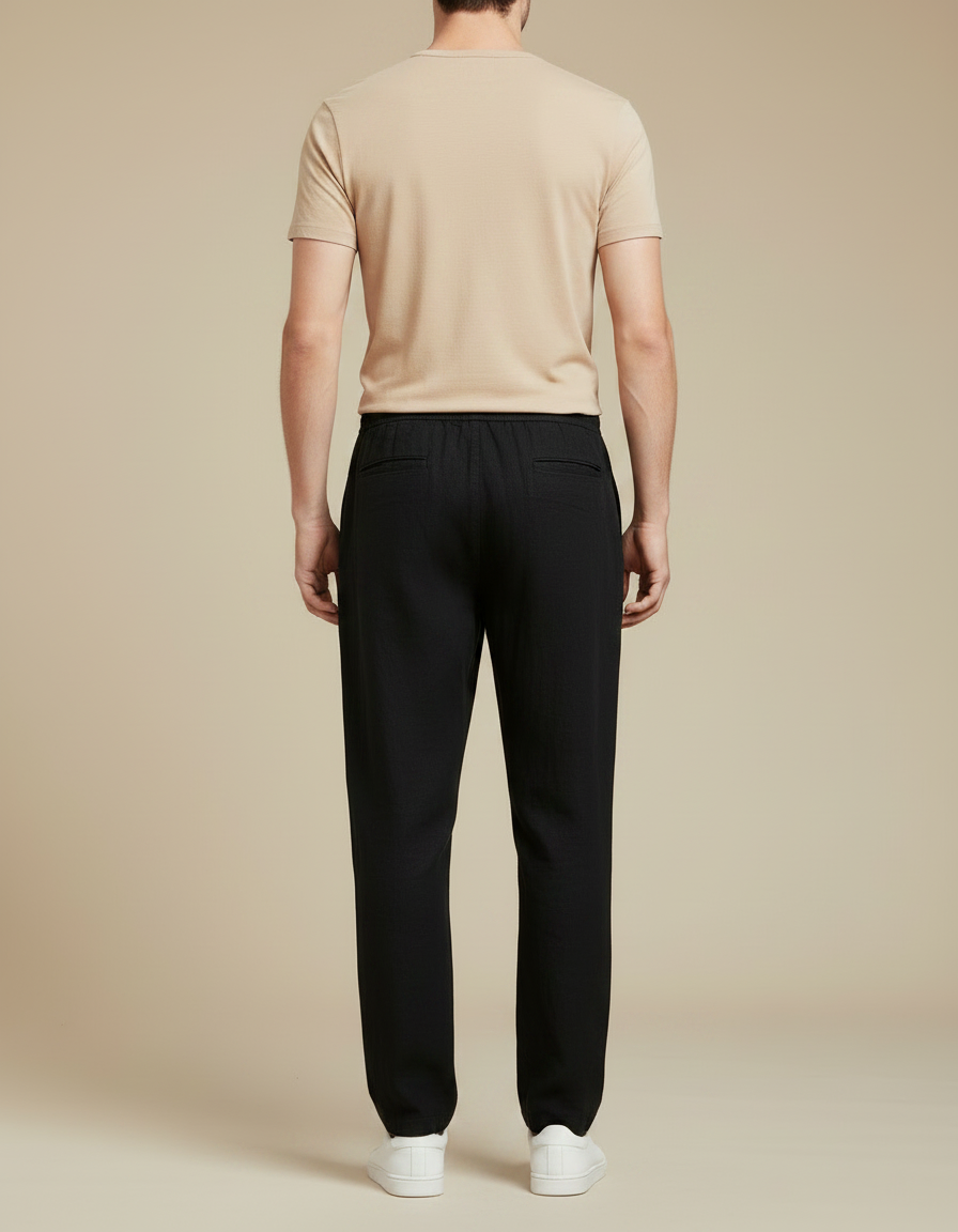 Pantalon Chinois Noir Coton Lin Ample Décontracté - vue 2